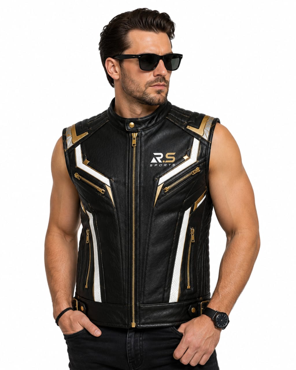Premium Genuine Leather Black & Gold Motorcycle Riding Vests
