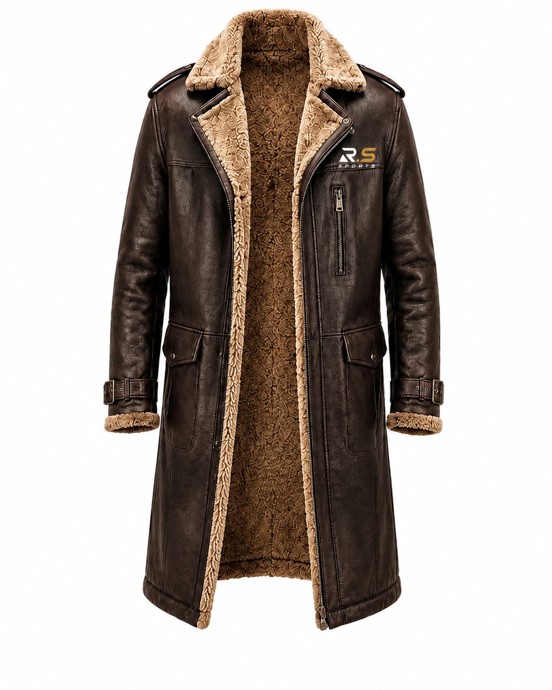 R.S Sports Long Leather Shearling Coat with Warm Winter Lining