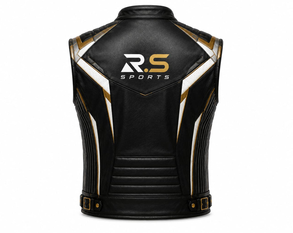 Premium Genuine Leather Black & Gold Motorcycle Riding Vests