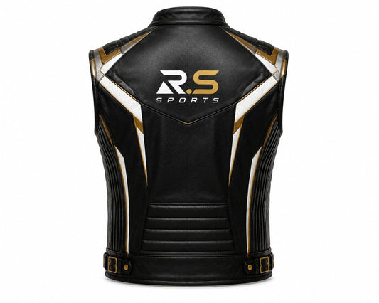 Premium Genuine Leather Black & Gold Motorcycle Riding Vests