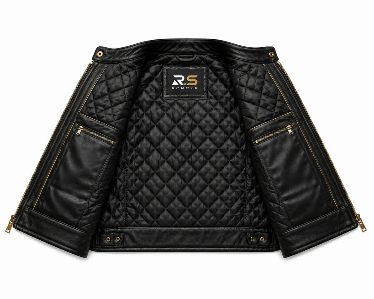Premium Genuine Leather Black & Gold Motorcycle Riding Vests