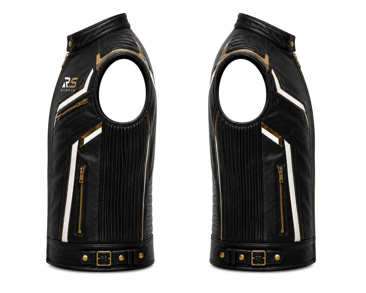 Premium Genuine Leather Black & Gold Motorcycle Riding Vests