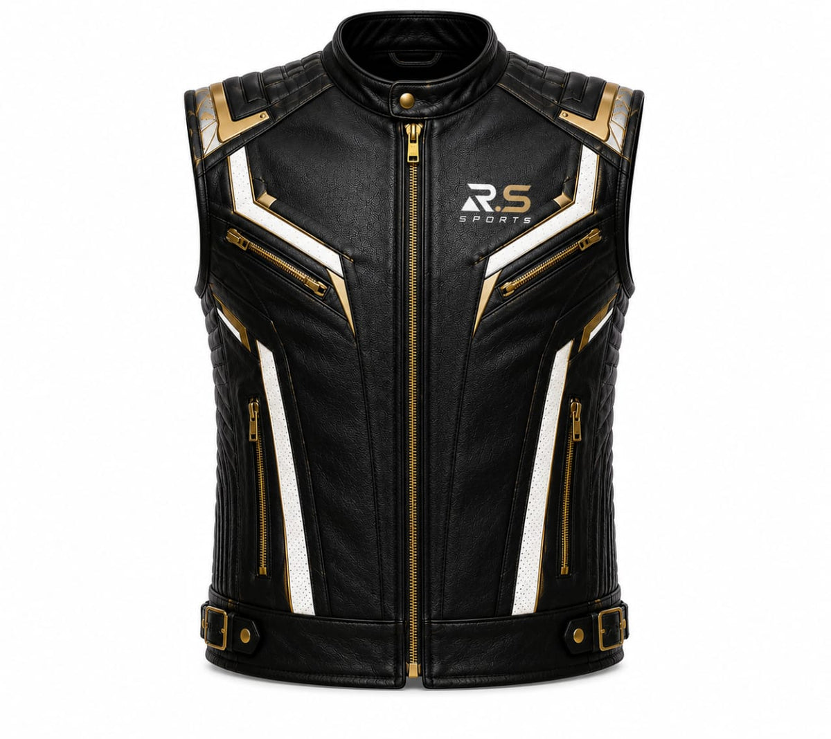 Premium Genuine Leather Black & Gold Motorcycle Riding Vests