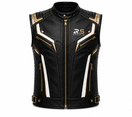 Premium Genuine Leather Black & Gold Motorcycle Riding Vests