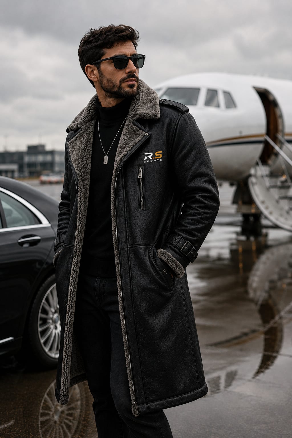 R.S Sports Long Leather Shearling Coat with Warm Winter Lining