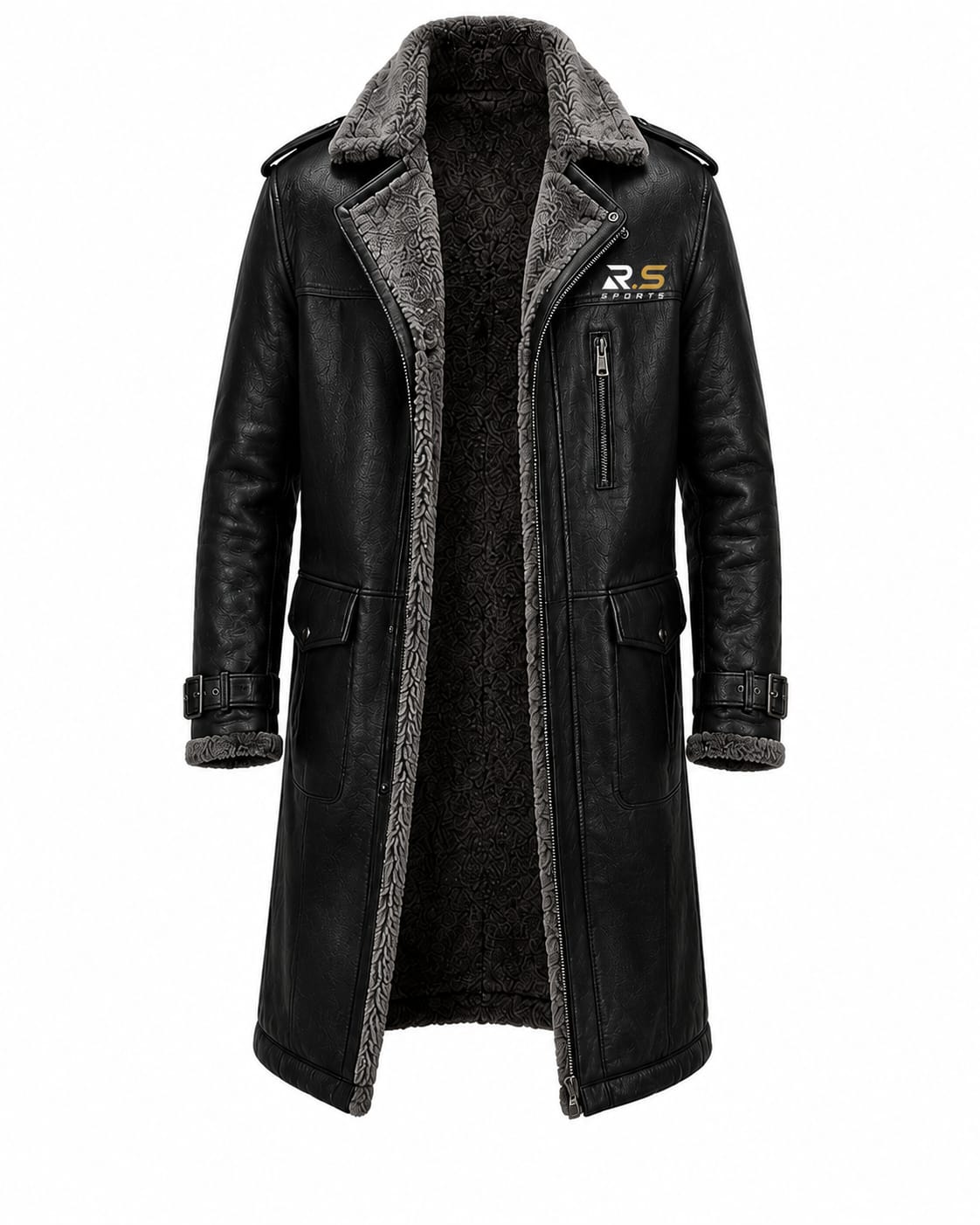 R.S Sports Long Leather Shearling Coat with Warm Winter Lining
