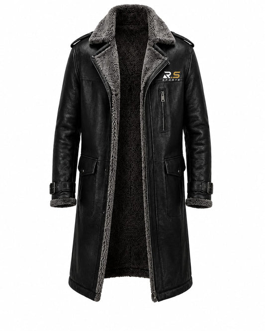 R.S Sports Long Leather Shearling Coat with Warm Winter Lining