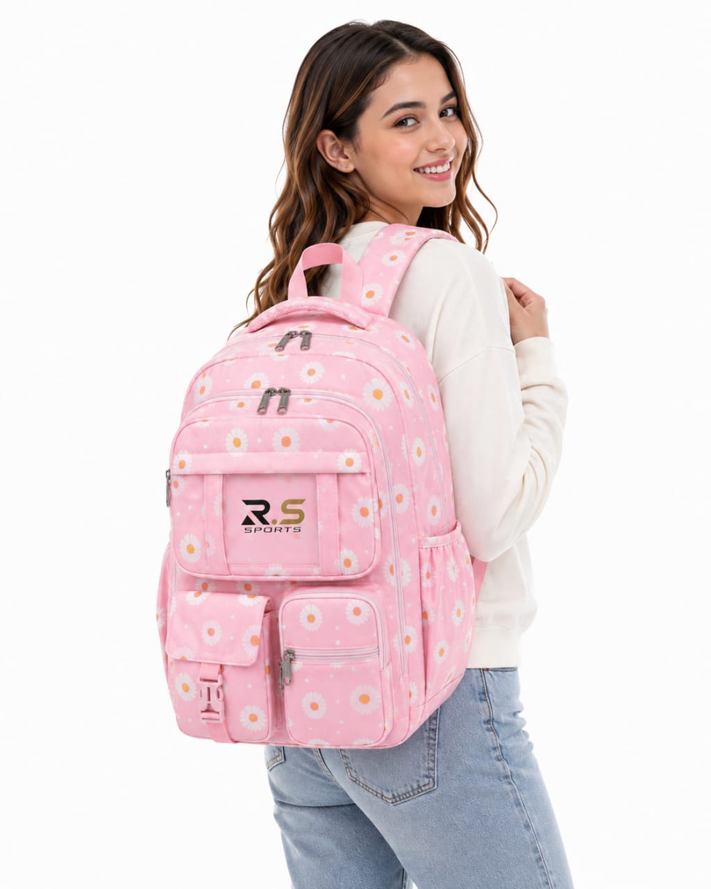 Floral Daisy Backpack | Pink & Lavender Multi-Pocket Daypack