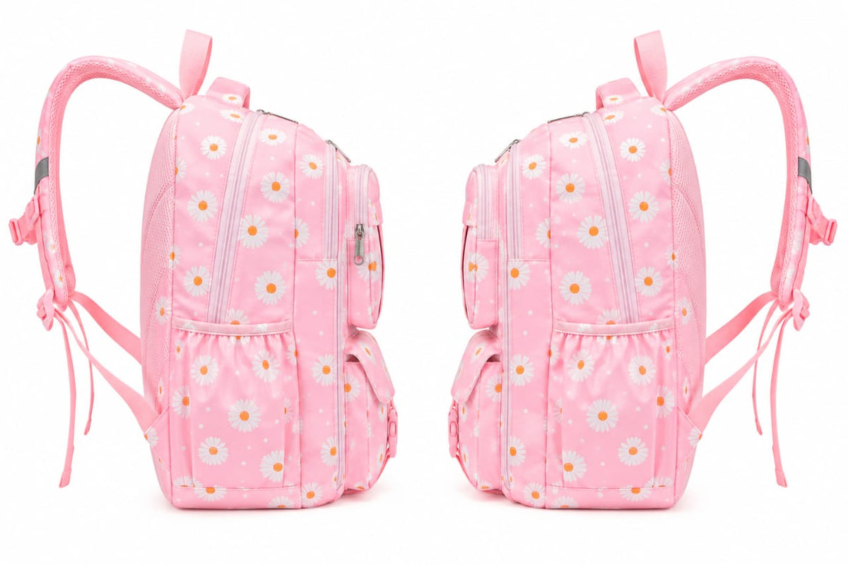 Floral Daisy Backpack | Pink & Lavender Multi-Pocket Daypack